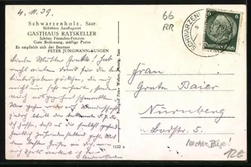AK Schwarzenholz /Saar, Gasthaus Ratskeller, Peter Jugmann, Totalansicht des Ortes