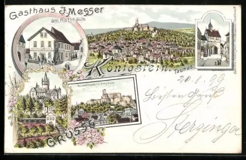 Lithographie Königstein im Taunus, Gasthaus J. Messer, Ruine Königstein und Evangel. Kirche, Rathaus
