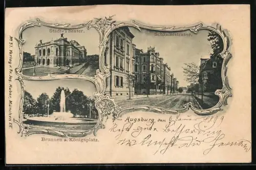 AK Augsburg, Stadttheater, Brunnen am Königsplatz, Schänzlerstrasse