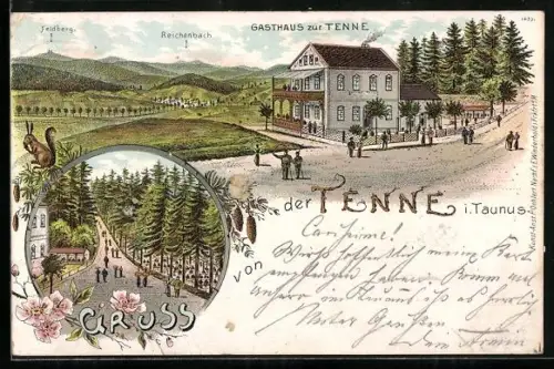 Lithographie Tenne i. Taunus, Gasthaus zur Tenne, Blick zum Feldberg und nach Reichenbach