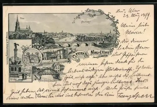 AK Neu-Ulm, Krieger-Denkmal, Kleine Donau-Brücke, Bahnhof