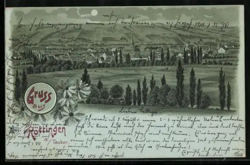 Mondschein-Lithographie Röttingen a. d. Tauber, Ortsansicht mit Kirche