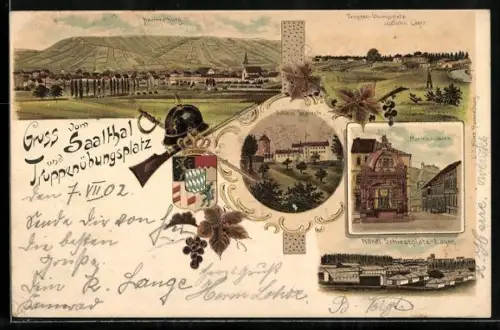 Lithographie Saalthal, Panorama & Truppenübungsplatz mit Lager und Schiessplatz, Wappen