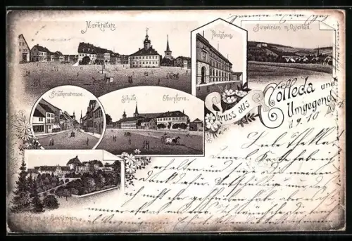 Lithographie Cölleda, Schloss zu Beichlingen, Kreishaus, Schule und Oberpfarre