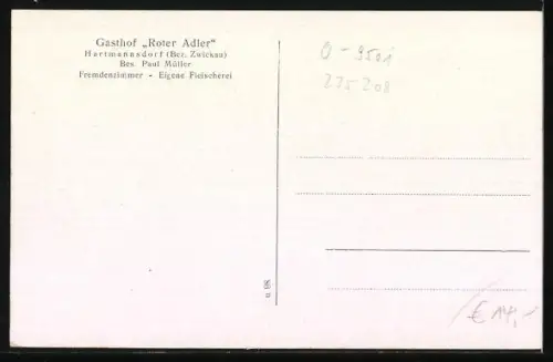AK Hartmannsdorf / Werdau, Gasthof Roter Adler mit eigener Fischerei