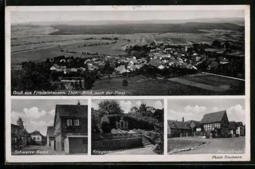 AK Friedelshausen /Thür., Schwarze Gasse, Kriegerdenkmal, Hauptstrasse, Totalansicht aus der Vogelschau