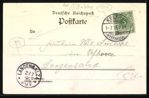 Lithographie Kelbra /Kyffh., Hotel Kaiserhof, Besitzer Günther Reinecke, Kaiser Wilhelm-Denkmal, Ansicht der Rothenburg