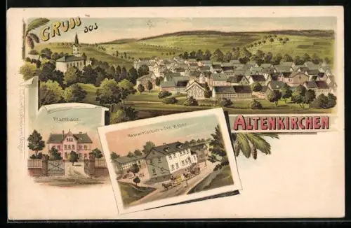 Lithographie Altenkirchen / Oberlahnkreis, Gasthaus von Chr. Weber, Pfarrhaus, Ortsansicht