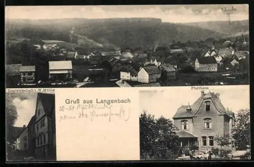 AK Langenbach / Oberlahnkreis, Gasthaus von W. Müller, Pfarrhaus, Ortsansicht aus der Vogelschau