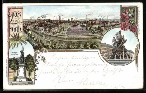 Lithographie Fürth, Kunstbrunnen, Kriegerdenkmal, Ortsansicht mit Bahngleisen