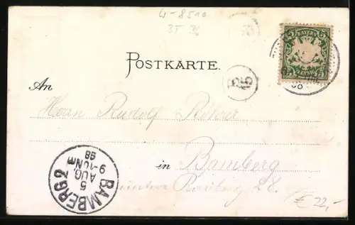 Lithographie Fürth, Kunstbrunnen, Kriegerdenkmal, Ortsansicht mit Bahngleisen