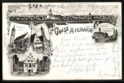 Lithographie Aichach, Stadt-Pfarrkirche, Hlg. Geist-Spital, Hauptplatz, Burgplatz Wittelsbach