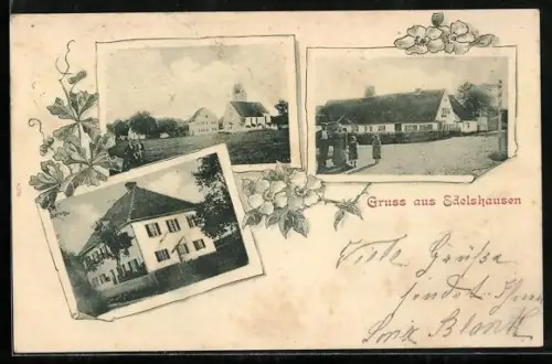 AK Edelshausen, Gasthof, Ortspartie mit Wegweiser