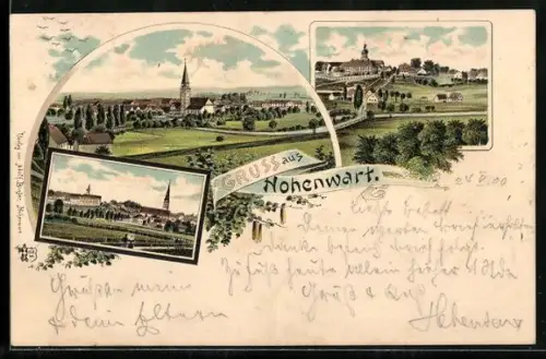 Lithographie Hohenwart / Obb., Ortsansicht mit Kirche und vom Feld aus