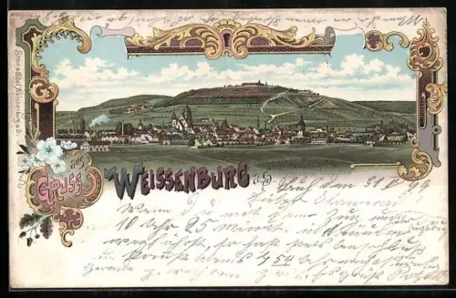 Lithographie Weissenburg a. S., Ortsansicht vom Feld aus gegen die Anhöhen