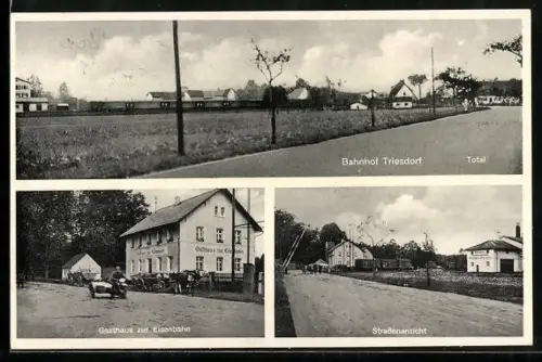 AK Triesdorf, Gasthaus zur Eisenbahn, Bahnhof, Strassenpartie