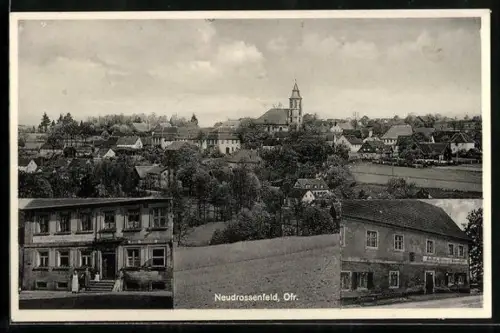 AK Neudrossenfeld /Ofr., Gasthof und Brauerei Johann Hölzel, Ortsansicht mit Kirche