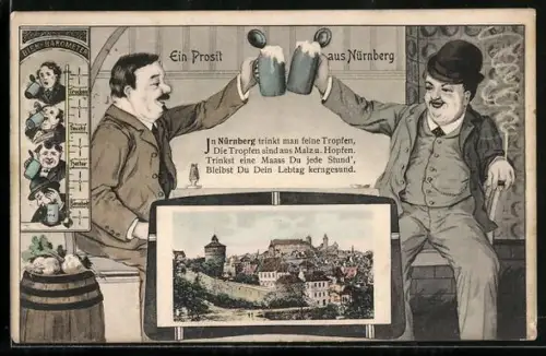 Grusskarten-AK Nürnberg, Ortsansicht, Männer prosten sich mit einer Mass zu