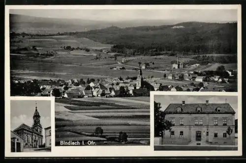 AK Bindlach i. Ofr., Gasthaus zum goldenen Löwen, Kirche, Ortsansicht aus der Vogelschau