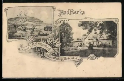 AK Bad Berka, Festpostkarte zur Erinnerung an das 100 jährige Badejubiläum, Kurbad, Ortspartie
