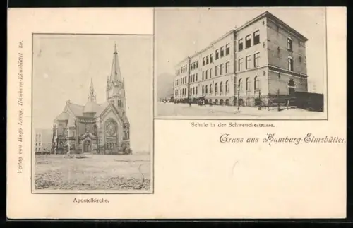 AK Hamburg-Eimsbüttel, Apostelkirche, Schule in der Schwenckenstrasse