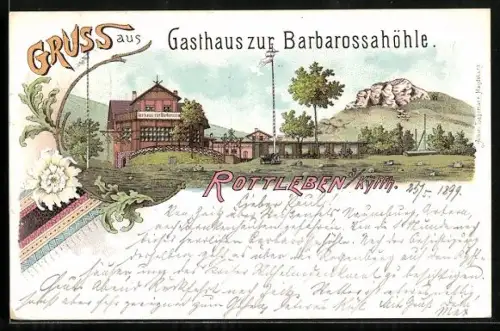 Lithographie Rottleben a. Kyffh., Gasthaus zur Barbarossahöhle und Felspartie