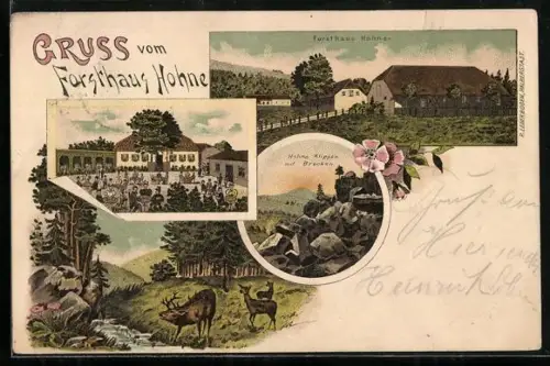 Lithographie Drei Annen Hohne, Forsthaus Hohne, Hohne Klippen mit Brocken