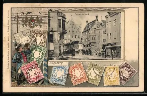 AK Augsburg, Partie am Schwalbeneck, verschiedene bayerische Briefmarken