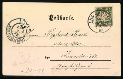 Winter-Lithographie Augsburg, Schleifgraben mit Vereinshaus, Wertachbruckerthor, Frau in Tracht