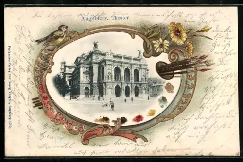 Passepartout-Lithographie Augsburg, Ansicht vom Theater, Malerpalette mit Pinseln