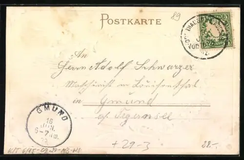 Passepartout-Lithographie Augsburg, Ansicht vom Theater, Malerpalette mit Pinseln