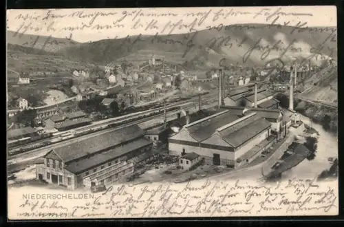 AK Niederschelden, Teilansicht aus der Vogelschau mit Fabriken und Bahnhof