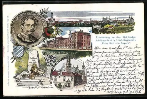 Künstler-AK Augsburg, 200 Jahre k. b. 3. Inf.-Regiment Prinz Karl von Bayern 1698-1898, Prinz Karl-Kaserne, Alte Kaserne