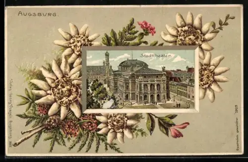 Passepartout-Lithographie Augsburg, Stadttheater mit Edelweiss im Passepartout