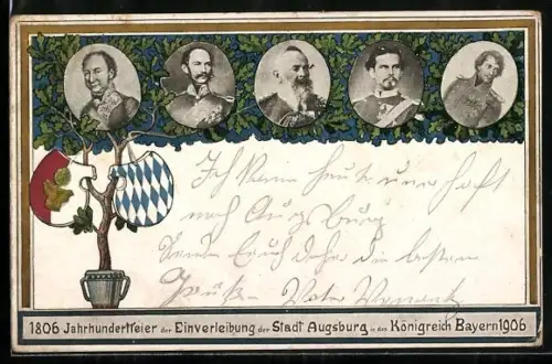 AK Augsburg, Jubiläum der Einverleibung der Stadt in das Königreich Bayern 1906, Wappen, König Ludwig II. v. Bayern