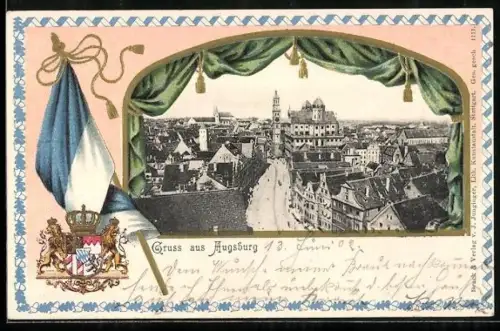 Passepartout-Lithographie Augsburg, Teilansicht der Stadt mit Wappen und Flagge