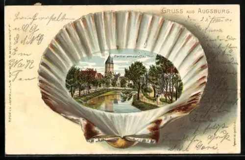 Passepartout-Lithographie Augsburg, Partie am Jakober Tor in einer geprägtem Muschel