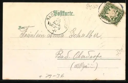 Passepartout-Lithographie Augsburg, Partie am Jakober Tor in einer geprägtem Muschel