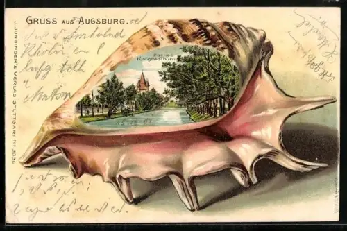 Passepartout-Lithographie Augsburg, Partie b. Fünfgrad-Turm