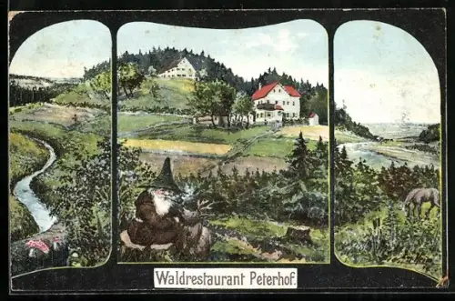 Künstler-AK Gersthofen, Waldrestaurant Peterhof mit rauchendem Zwerg