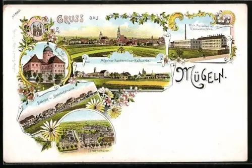 Lithographie Mügeln / Sachsen, Totalansicht, Ofen, Porzellan- u. Thronwarenfabrik, Amtsgericht, Bahnhof