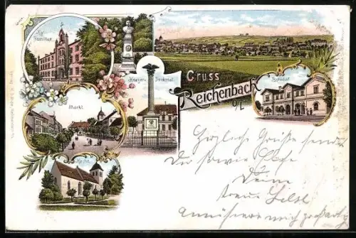 Lithographie Reichenbach /O. L., Totalansicht, Bahnhof, Königliches Seminar, Markt und Kirche