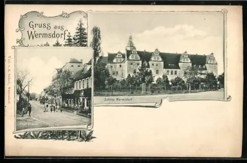 AK Wermsdorf, Schloss und Blick in die Hauptstrasse