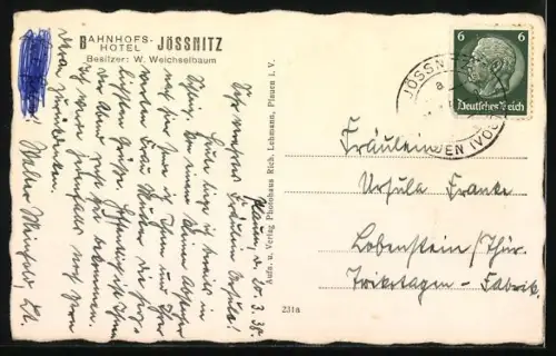 AK Jössnitz i. V., Strassenpartie am Bahnhofs-Hotel