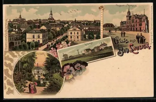 Lithographie Bad Lausick, Totalansicht, Postamt und Rathaus, Curpark und Bahnhof