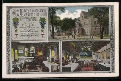 Lithographie Zwönitz, Gasthaus Feldschlösschen, Bes. Ernst Uhlig, Totalansicht, Gastzimmer und Saal