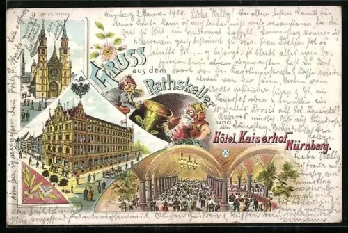 Lithographie Nürnberg, St. Lorenz-Kirche, Hotel Kaiserhof