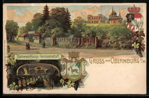 Lithographie Obernburg / Main, Ortspartie mit Obstverwertungs-Genossenschaft, Wappen