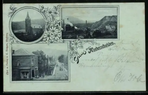 Mondschein-AK Niederschelden, Teilansicht des Ortes, Kirche und Strassenpartie