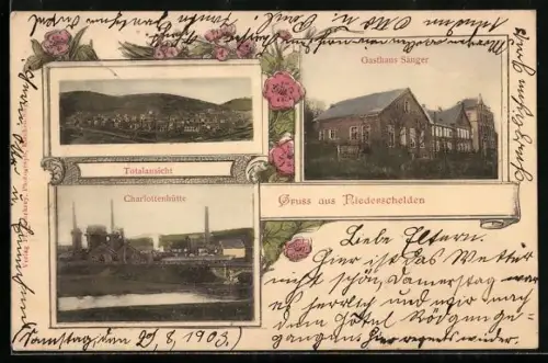 AK Niederschelden, Gasthaus Sänger, Totalansicht und Charlottenhütte
